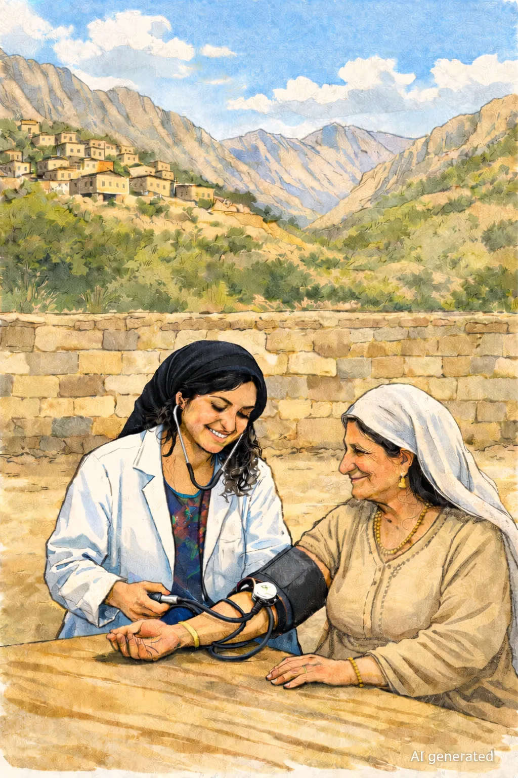 A health worker checking an older woman's blood pressure